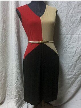 CALVIN KLIEN RED-BLACK & TAN DRESS - Size 4 - Stretchy - NEW